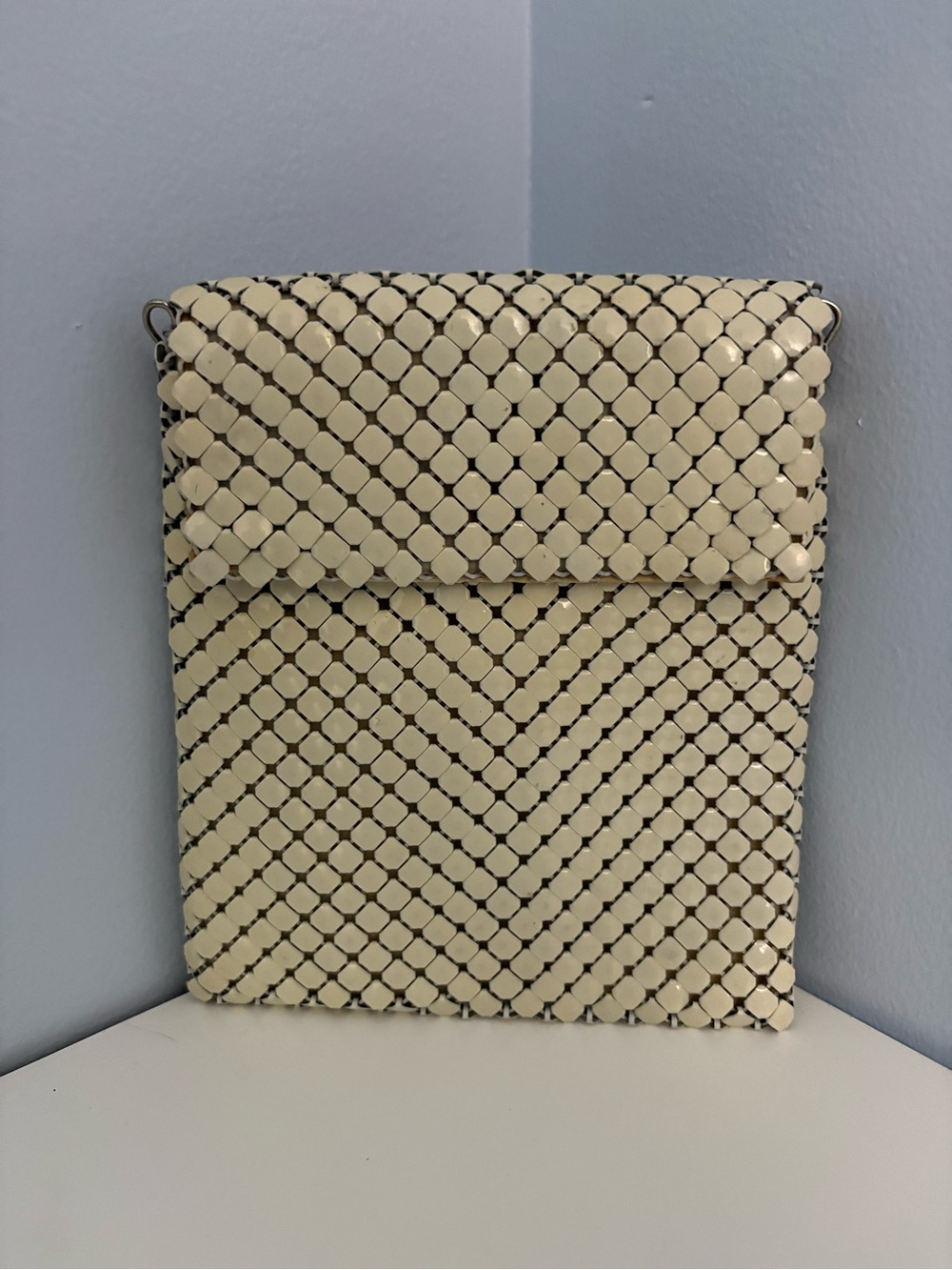 Vintage Cream Mesh Metal Crossbody Clutch Bag